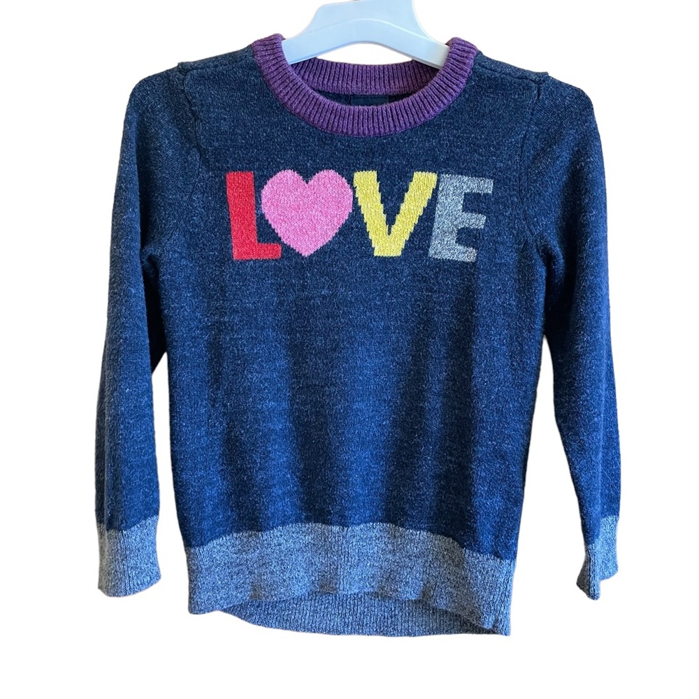 Gap “Love” Sweater, navy/gray/purple, sz 4.